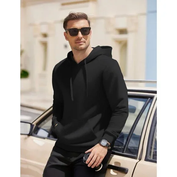 Coofandy Men Black Pullover Long Sleeve Drawstring Gym Hoodies Sweatshirt - Picture 4 of 5